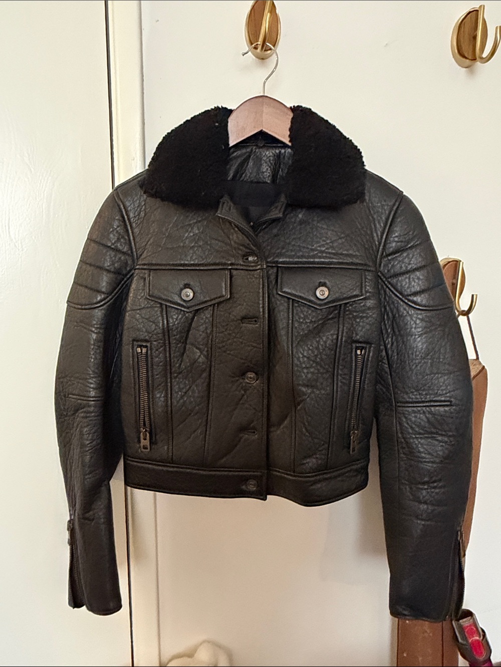 COACH Black Shearling-Collar Leather Moto Style Jacket